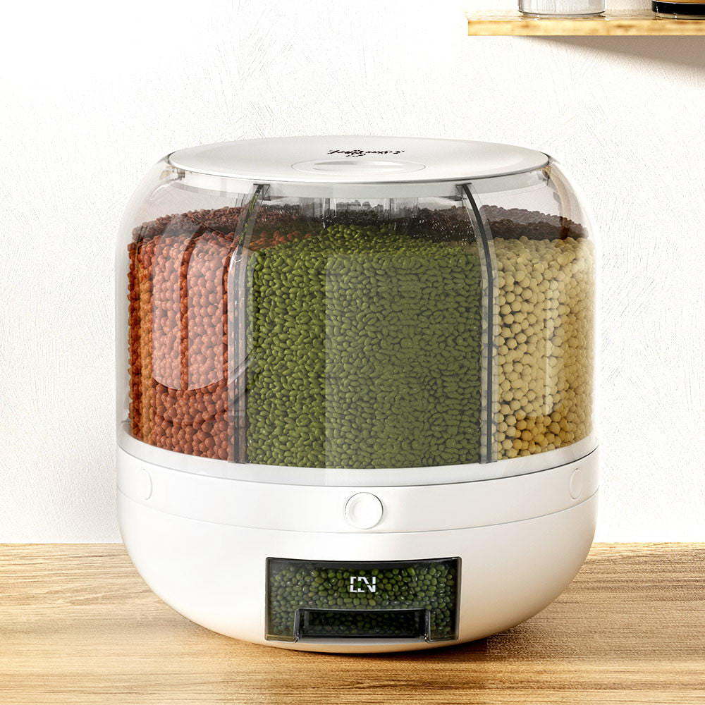 Rotating grain container with rice storage cereal dispenser