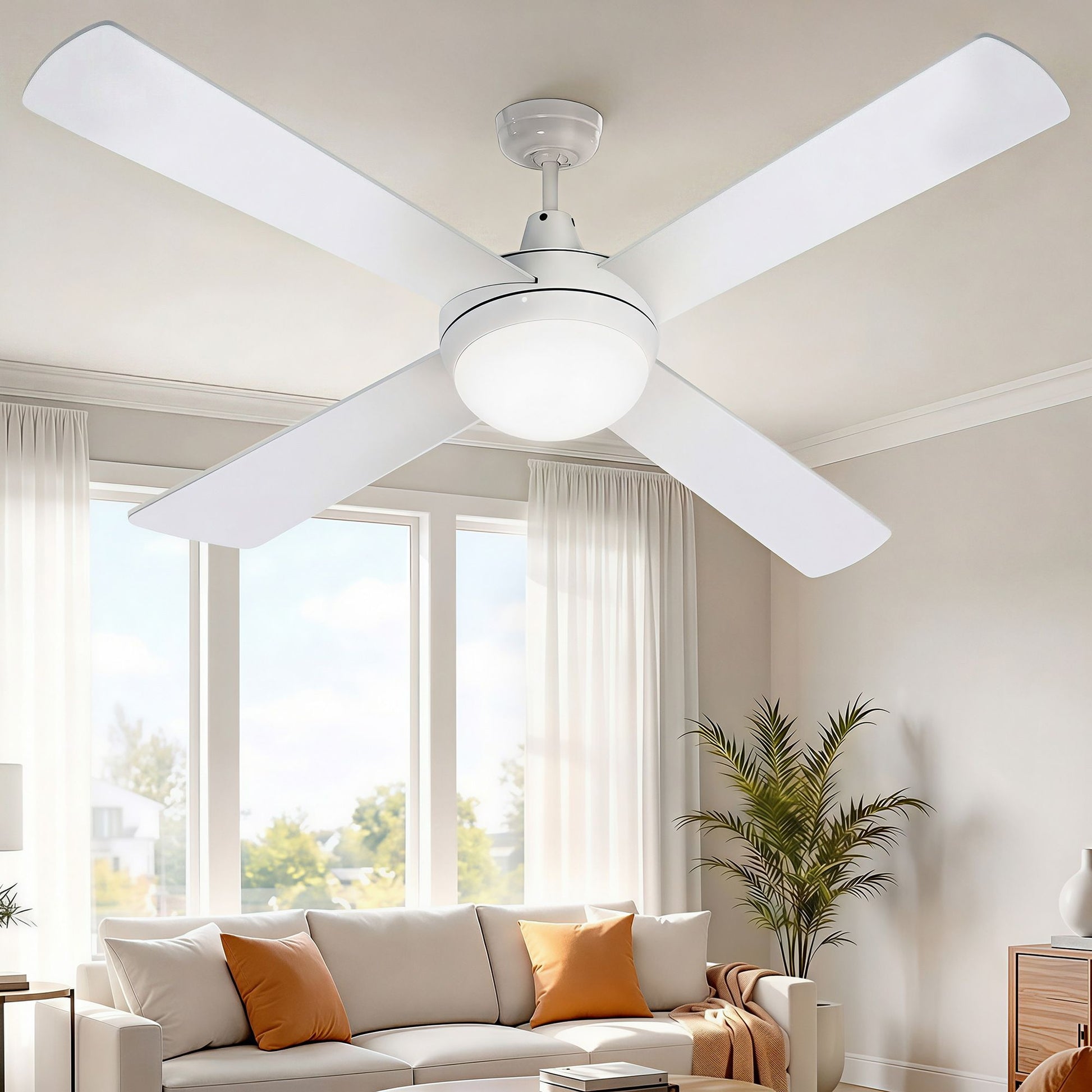 White ceiling fan devanti with caster wheels and side handle rail