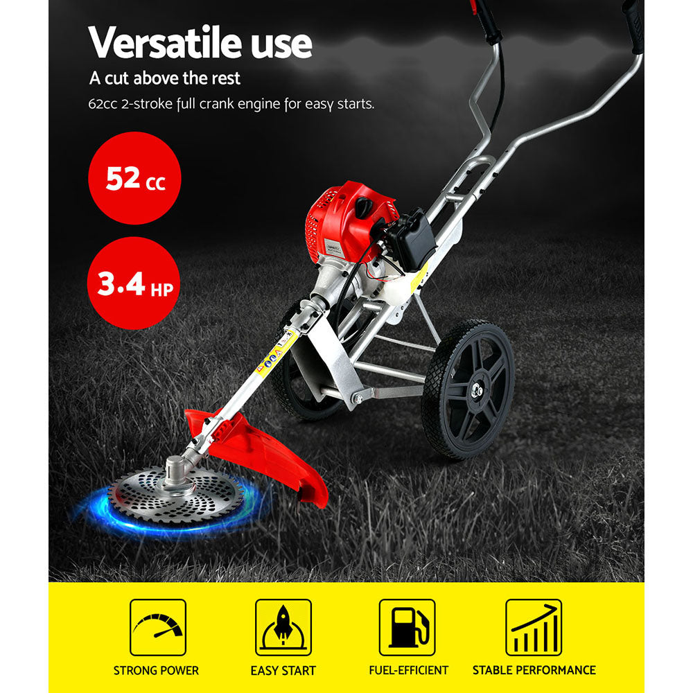 Petrol Brush Cutter Whipper Saw Trimmer 52cc 2-Stroke 3-in-1 with Wheels