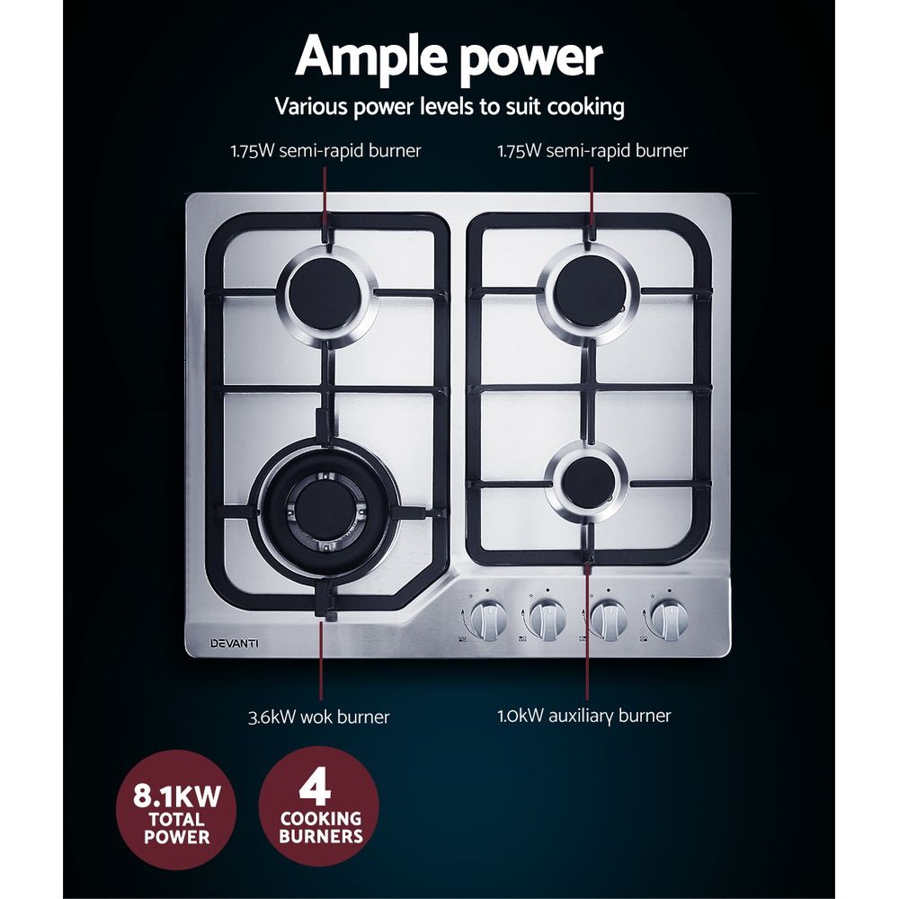 Gas Cooktop 60cm Gas Stove Cooker 4 Burner Cook Top Konbs NG LPG Steel shown with visible product details