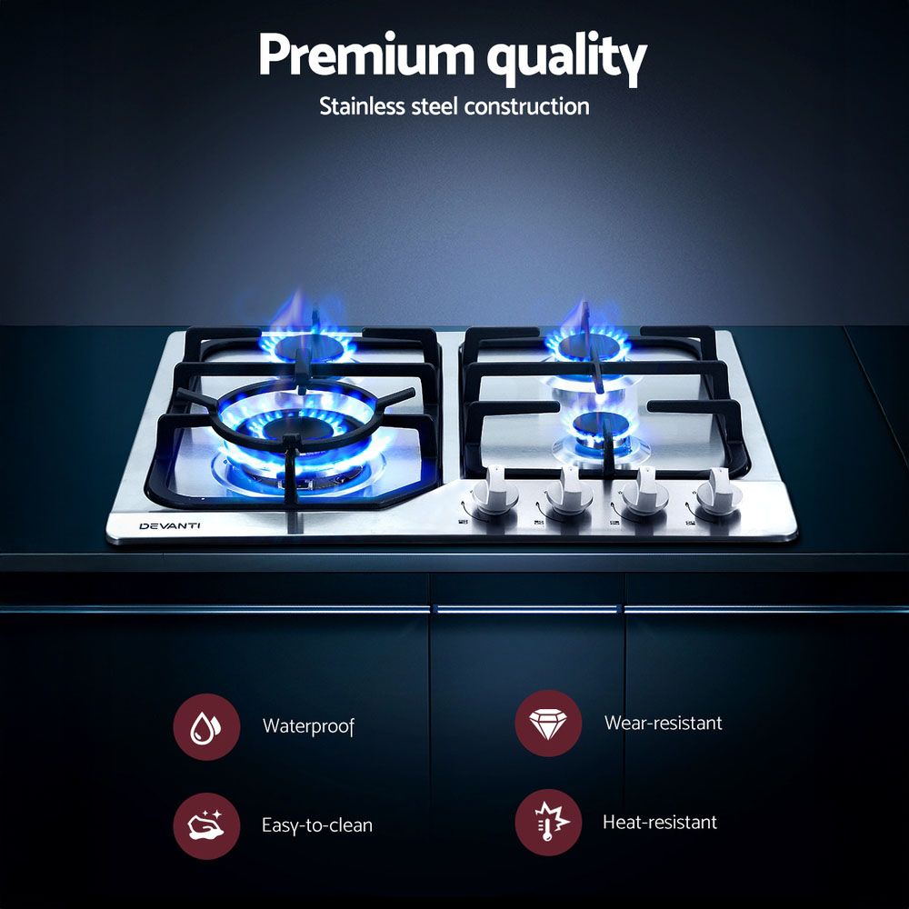 Gas Cooktop 60cm Gas Stove Cooker 4 Burner Cook Top Konbs NG LPG Steel