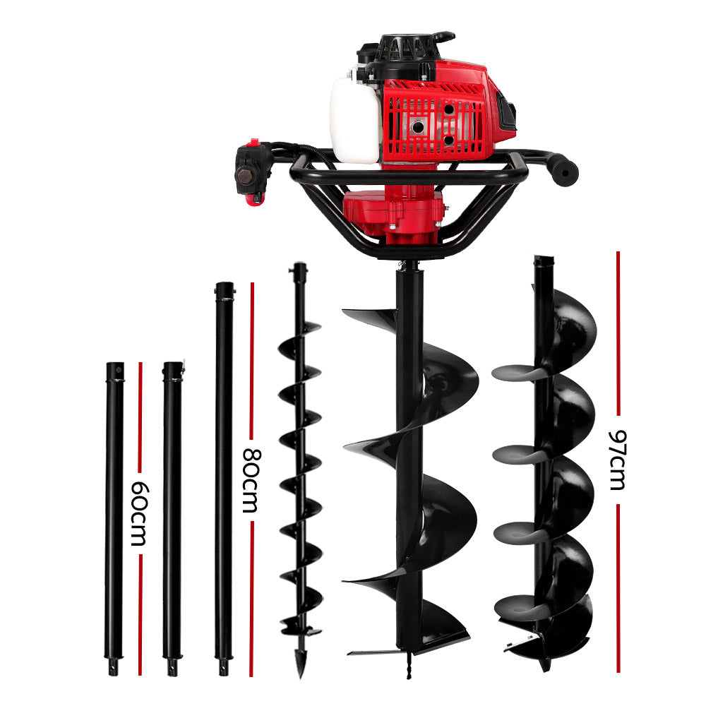Post Hole Digger 63CC Petrol Motor Drill Borer with Fence Extension Auger Bits