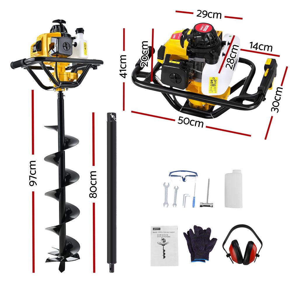 Post Hole Digger 63CC 200MM Petrol Drill Auger with Extension Bits