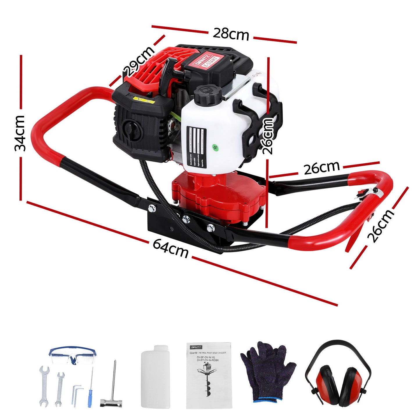 Post Hole Digger Motor 65CC Petrol Engine - Red