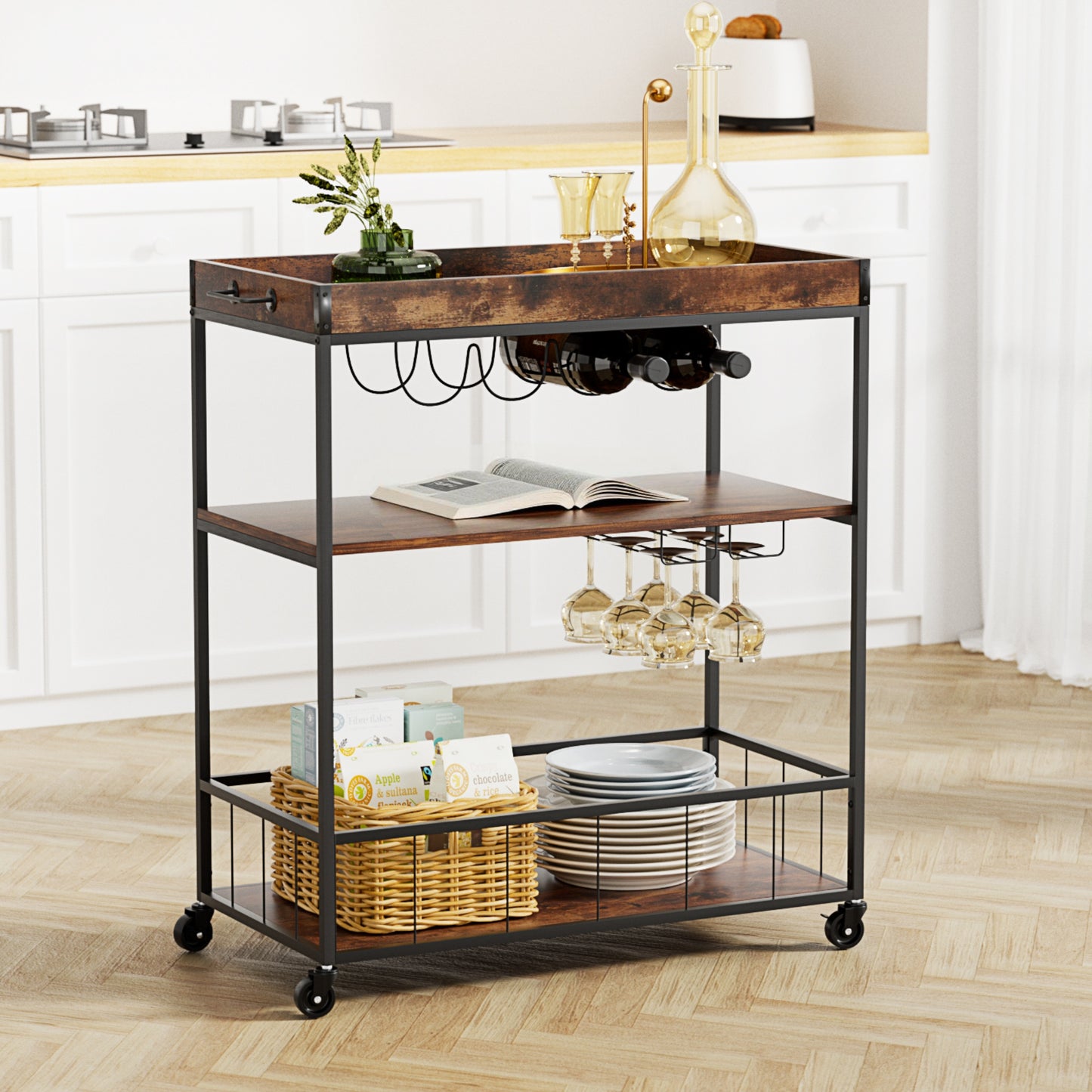 Kitchen Island Rolling Serving Cart with Storage