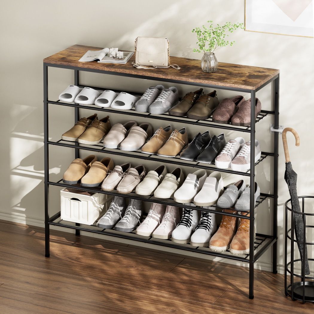 Shoe Rack 5-Tier Storage Organizer Shelf Metal Frame for 25 Pairs - Walnut