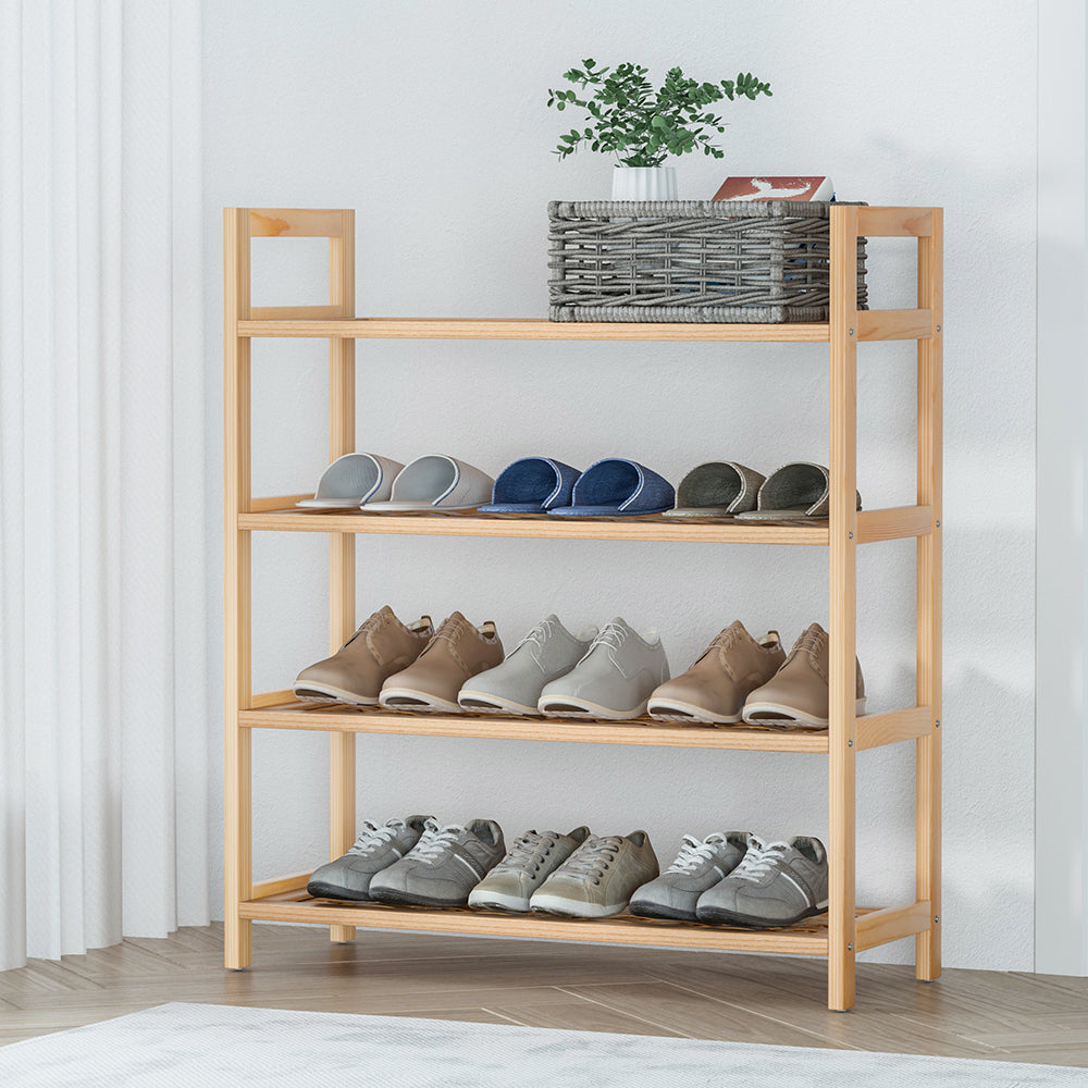 4-tier Shoe Rack 12 Pairs Shoe Storage Weaved Shelves Solid Wood Frame