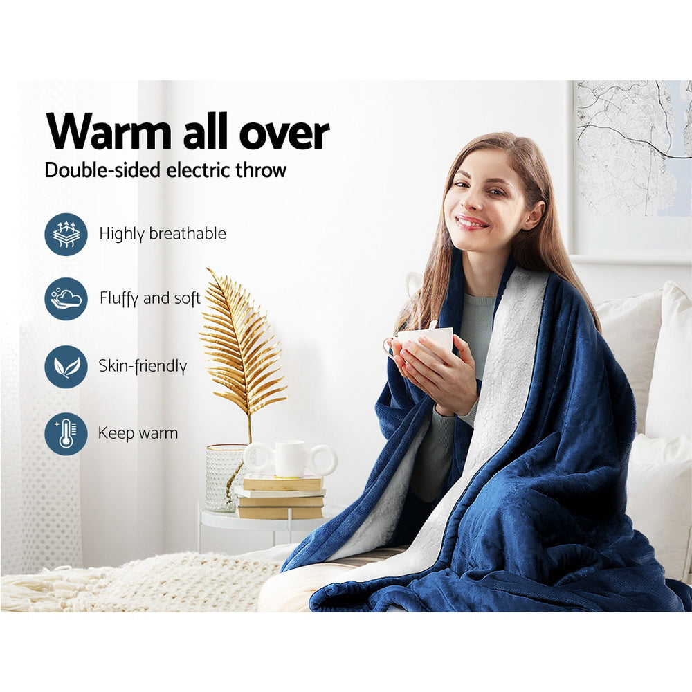 Heated Blanket Throw Rug Washable Snuggle Flannel Winter - Navy