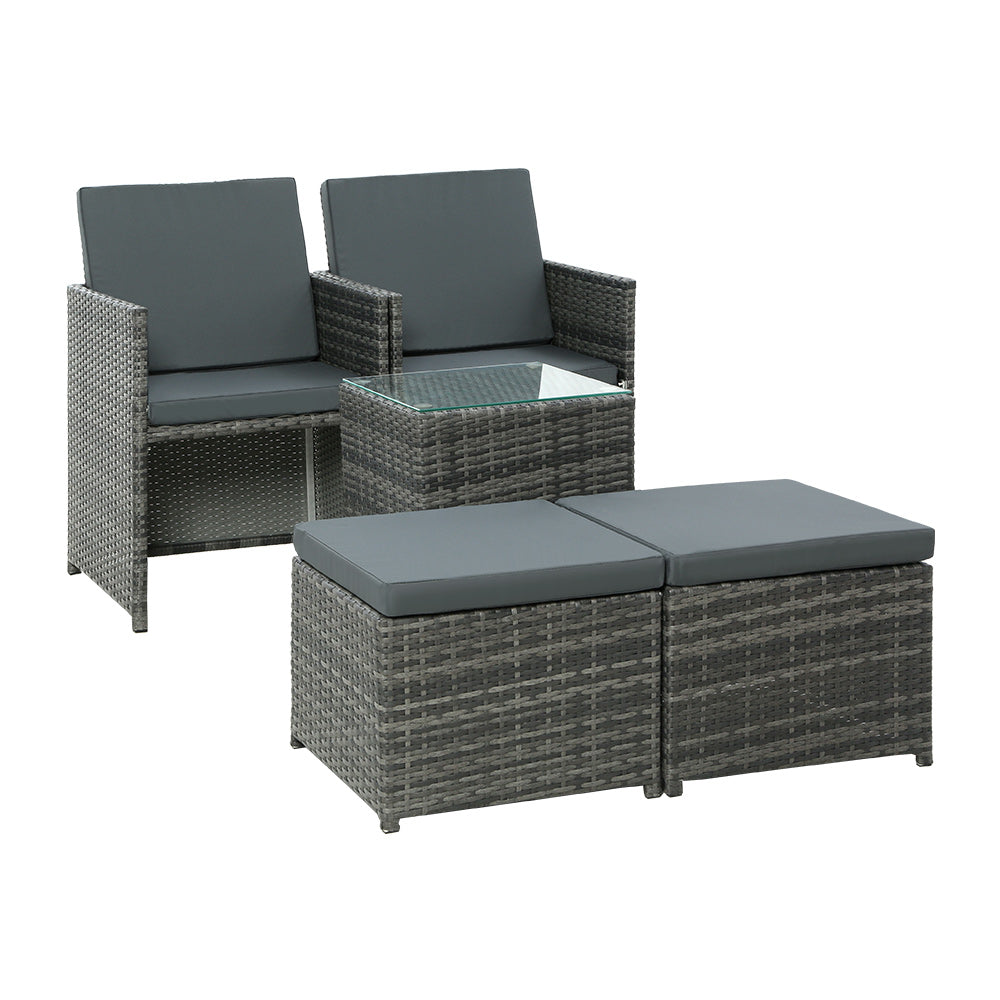 5PC Bistro Set Wicker Table and Chairs Ottoman Outdoor Furniture Grey