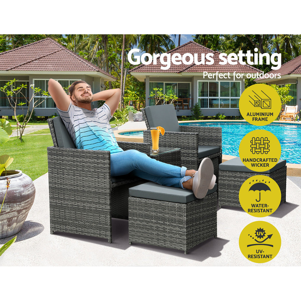 5PC Bistro Set Wicker Table and Chairs Ottoman Outdoor Furniture Grey