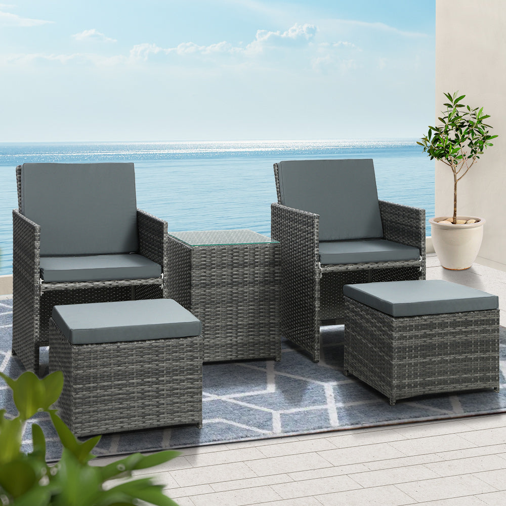 5PC Bistro Set Wicker Table and Chairs Ottoman Outdoor Furniture Grey