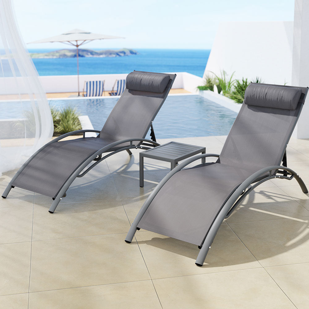 Sun Lounge Outdoor 3-Piece Lounger Steel Table Chairs Patio Furniture - Grey