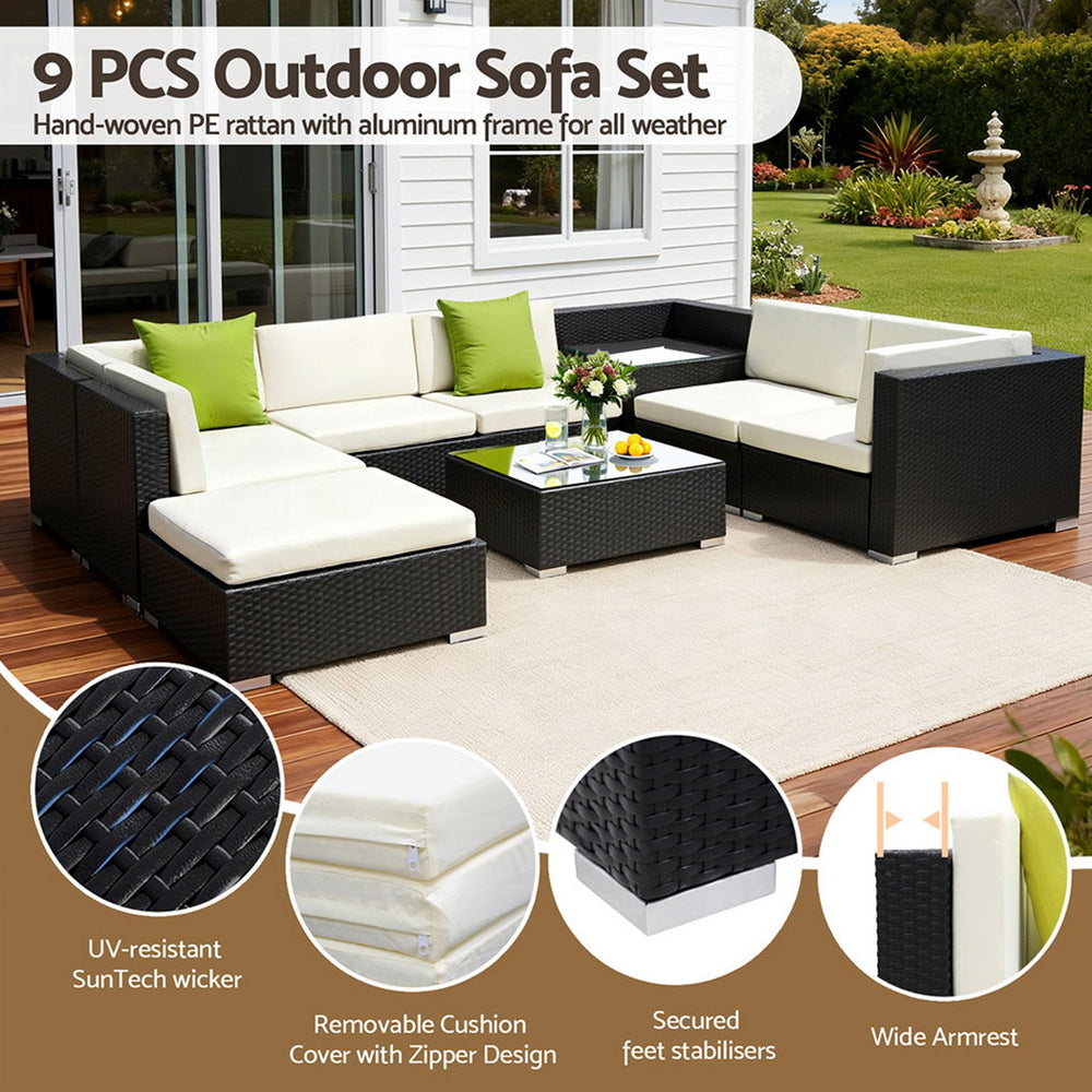 Outdoor Furniture 9PC Sofa Set with Storage Cover Wicker
