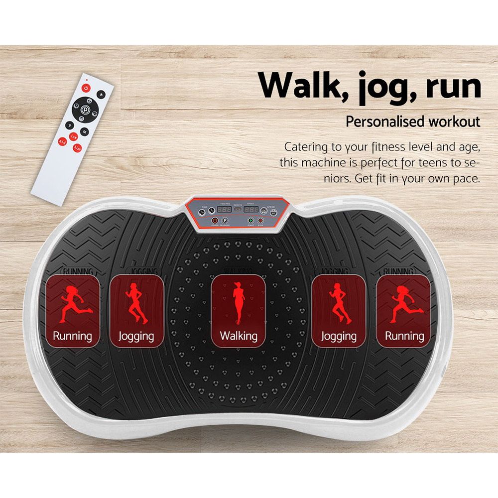 White vibration plate with pink platform base and resistance bands