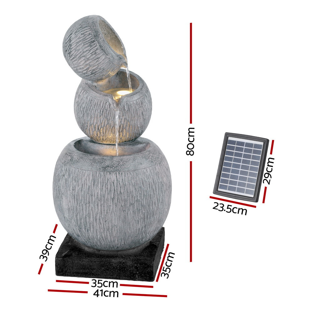 Solar Fountain Water Feature Bird Bath Garden LED Light 80CM Grey