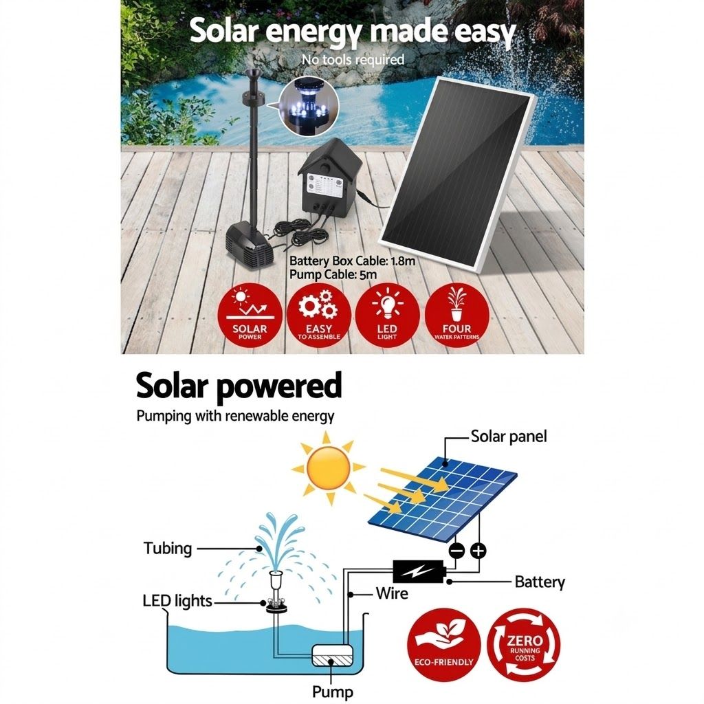 Solar Fountain Pump, 30 W LED, Outdoor Submersible with Battery