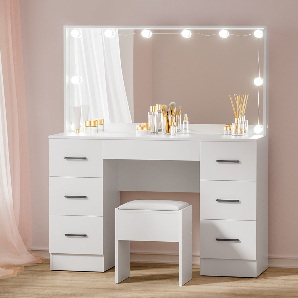 Dressing Table Set with Stool & 10 LED Bulbs - White Debbie