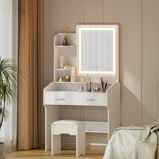 Dressing Table Set with Stool and LED Mirror - White Doria
