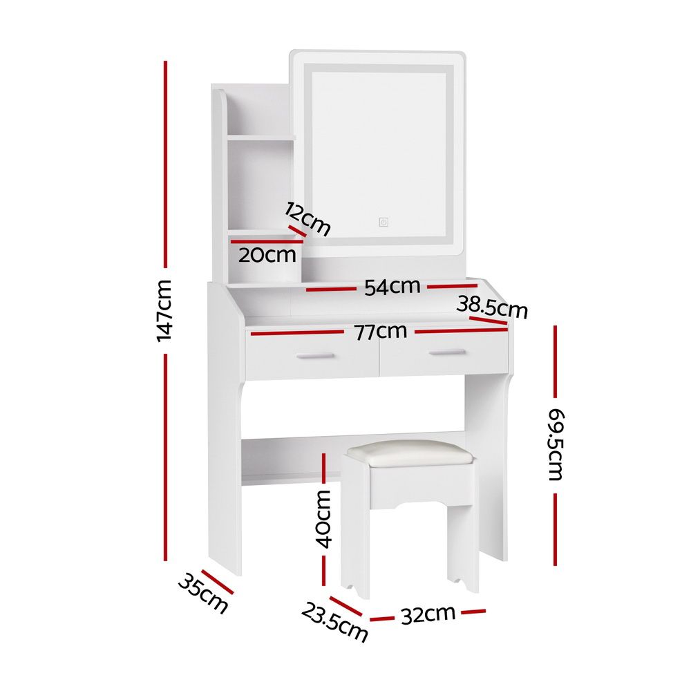 Dressing Table Set with Stool and LED Mirror - White Doria