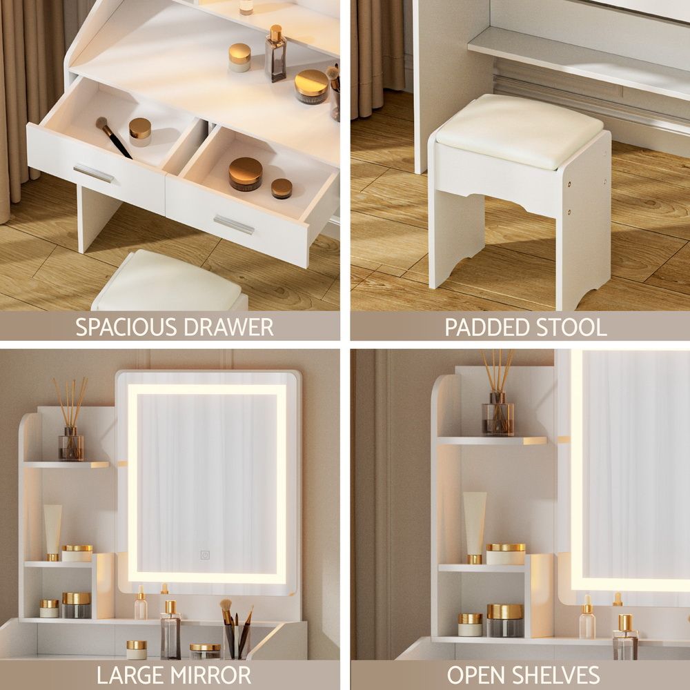 Dressing Table Set with Stool and LED Mirror - White Doria