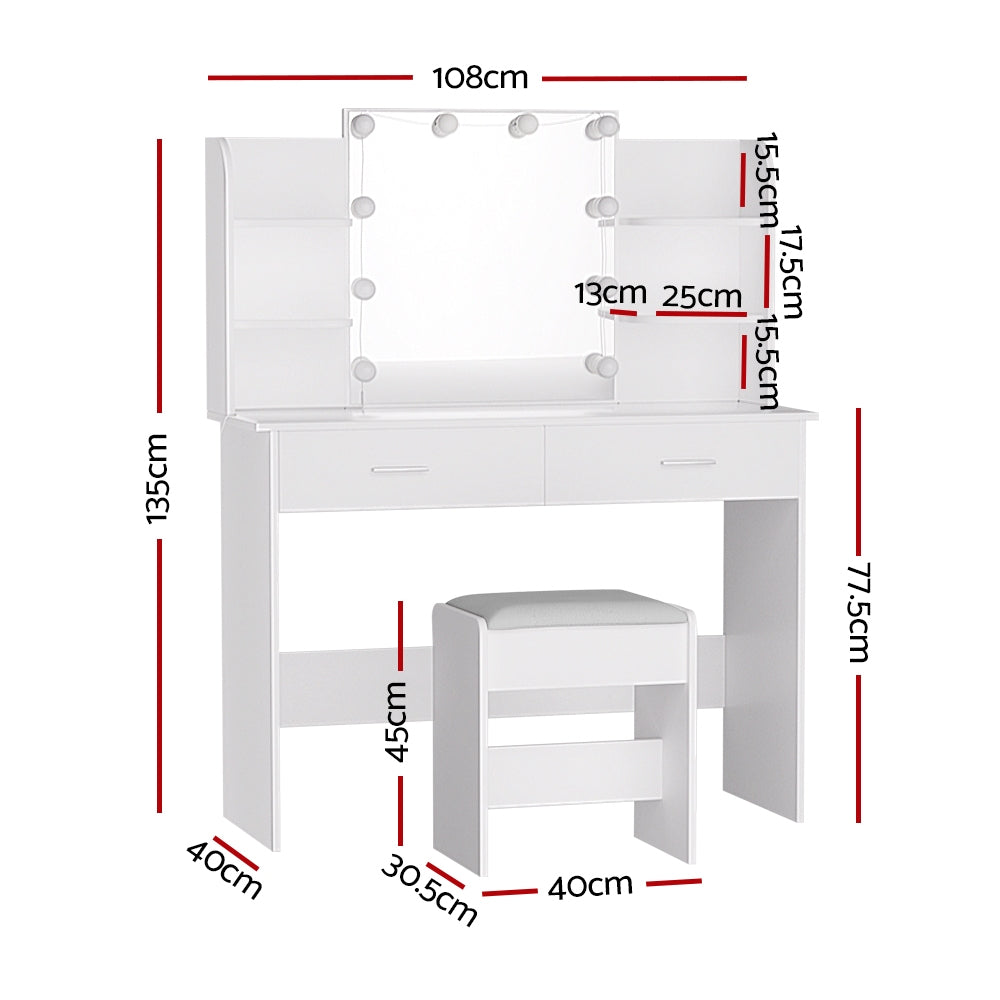 Dressing Table Set with Stool and 10 LED Bulbs - White Dulcea