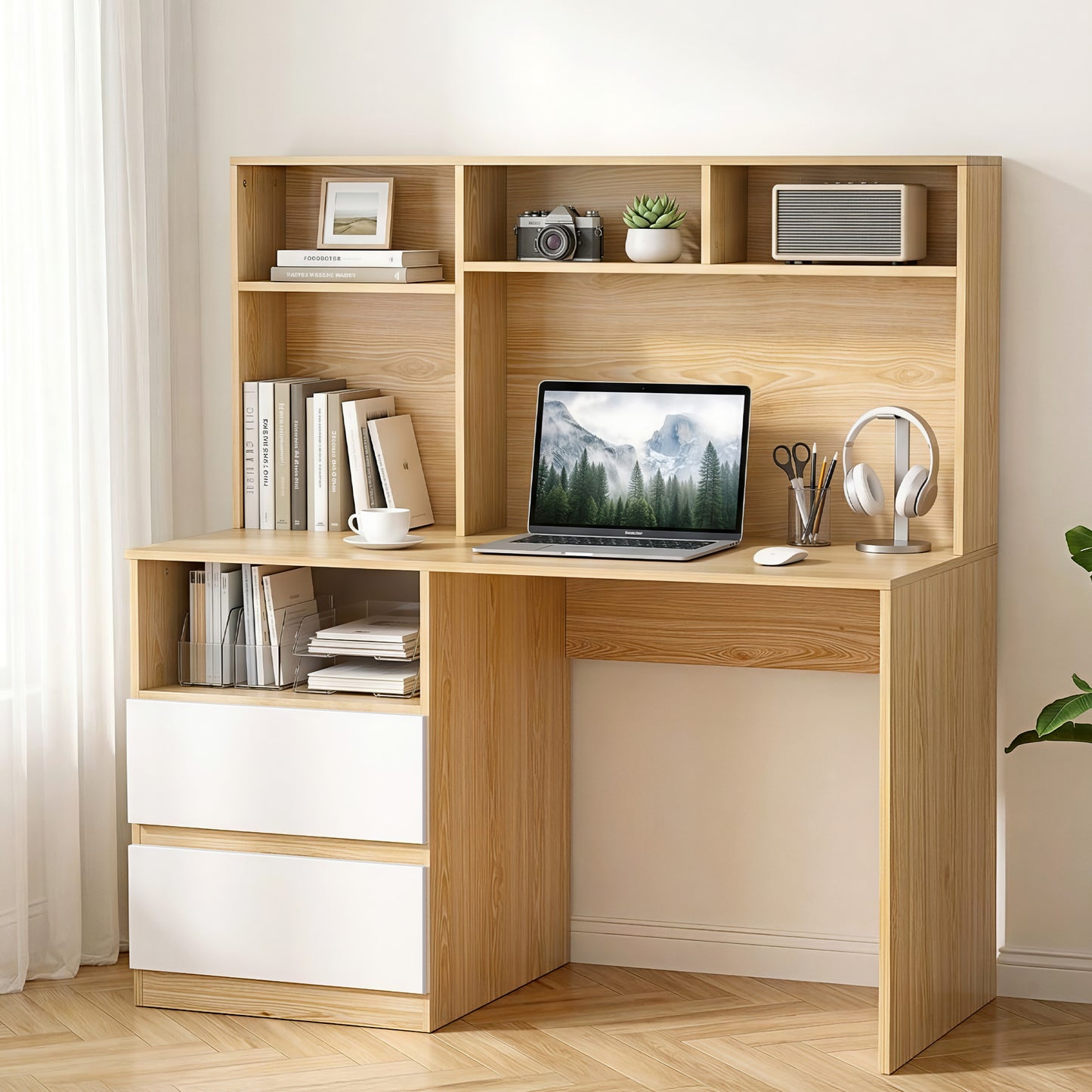 Bookshelf with study desks table drawer computer