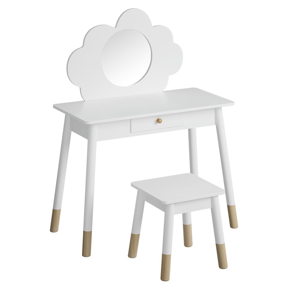 Kids Vanity Makeup Dressing Table Chair Set with Wooden Mirror and Drawer - White