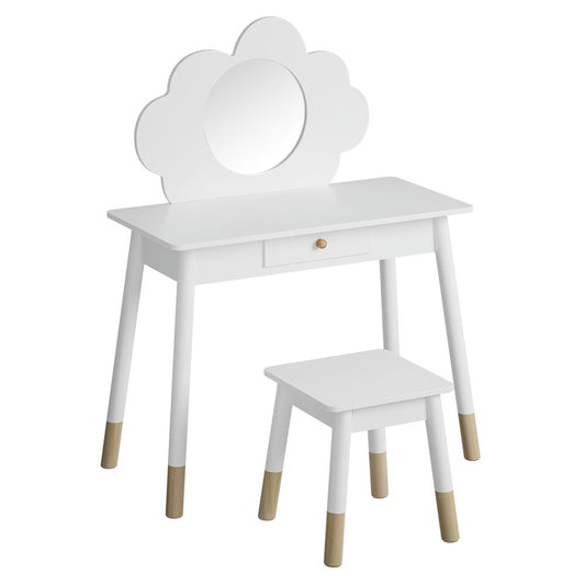 Kids Vanity Makeup Dressing Table Chair Set with Wooden Mirror and Drawer - White