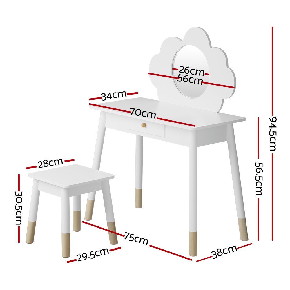 Kids Vanity Makeup Dressing Table Chair Set with Wooden Mirror and Drawer - White