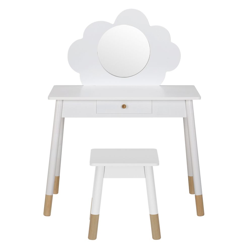 Kids Vanity Makeup Dressing Table Chair Set with Wooden Mirror and Drawer - White