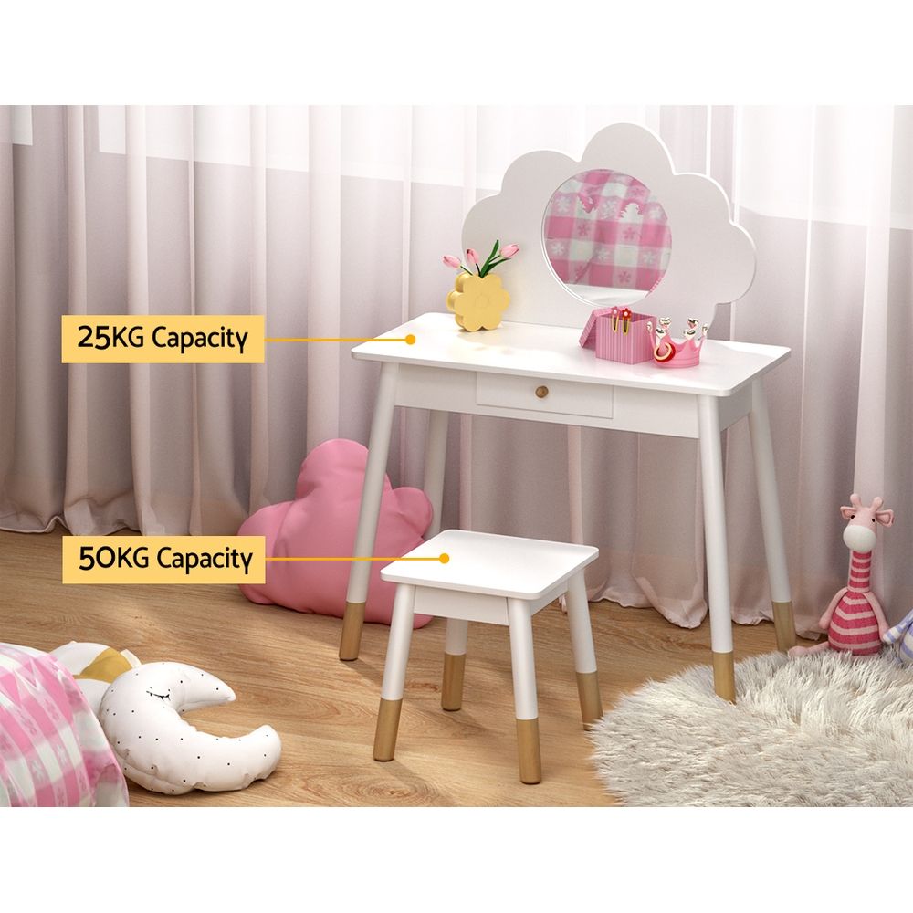 Kids Vanity Makeup Dressing Table Chair Set with Wooden Mirror and Drawer - White