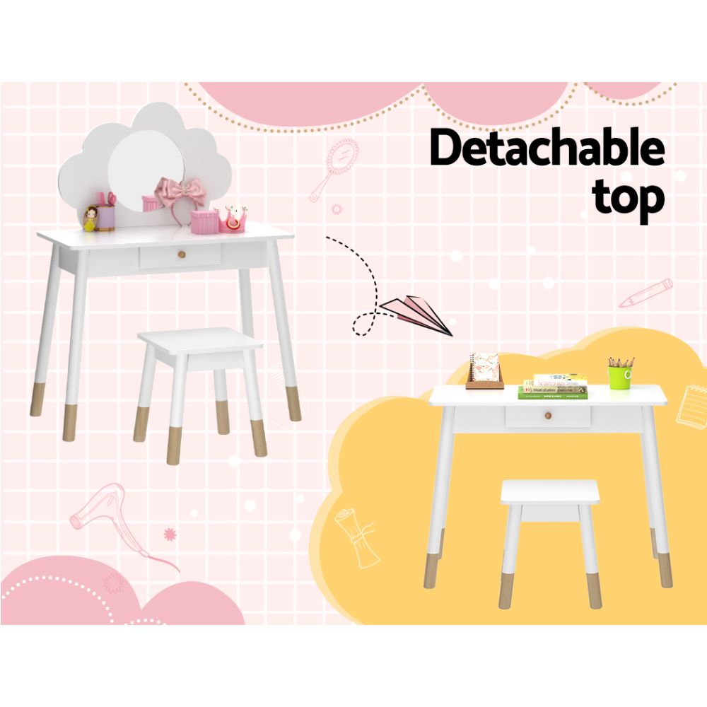 Kids Vanity Makeup Dressing Table Chair Set with Wooden Mirror and Drawer - White
