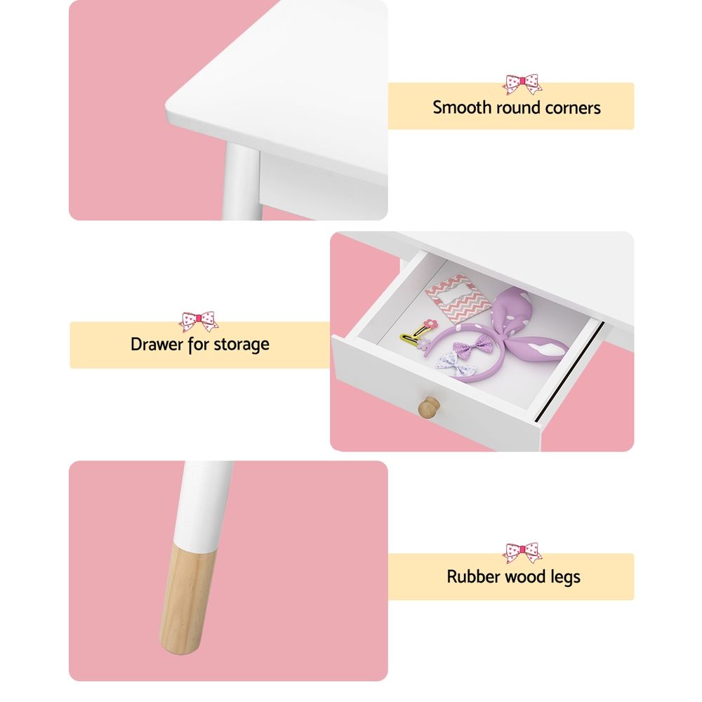 Kids Vanity Makeup Dressing Table Chair Set with Wooden Mirror and Drawer - White