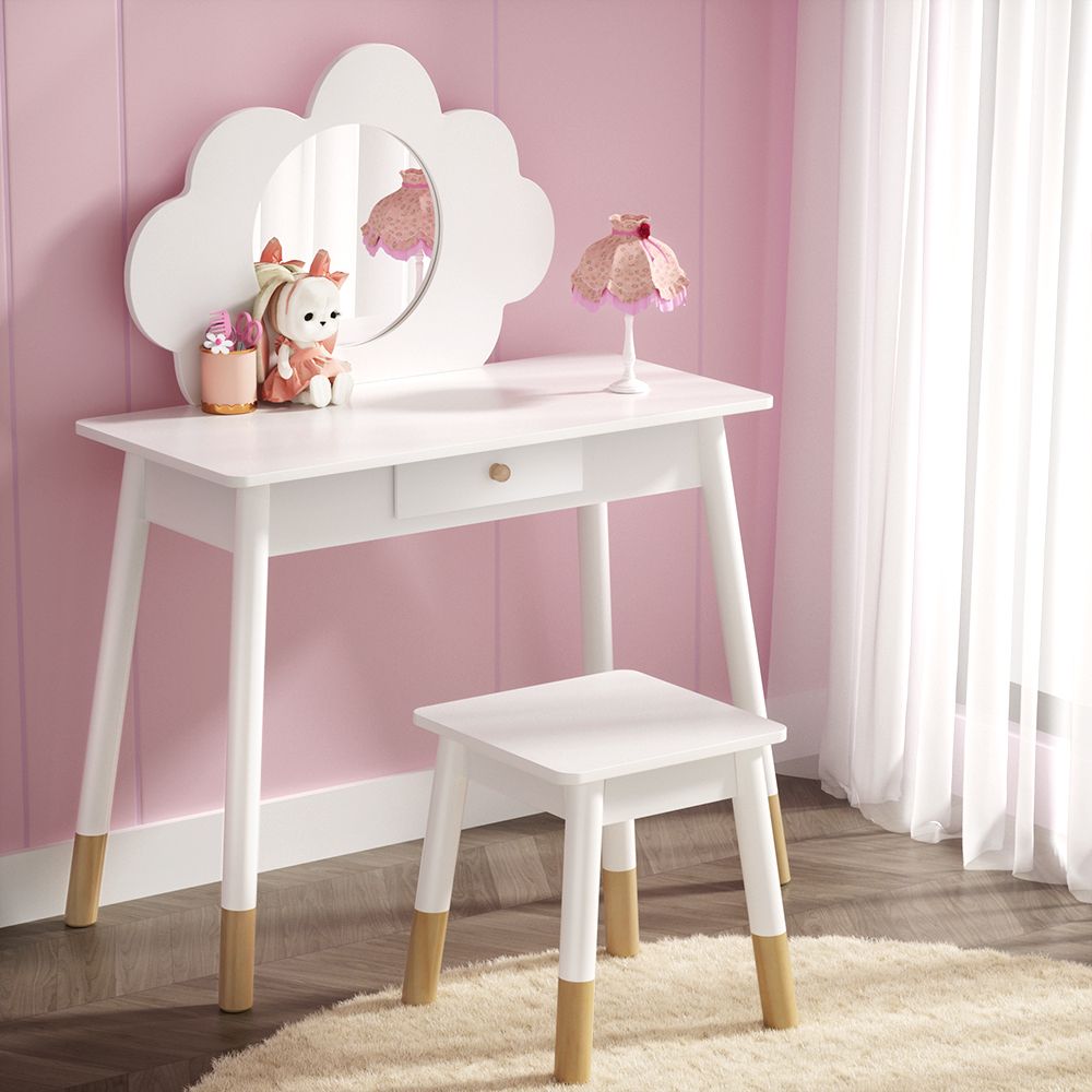 Kids Vanity Makeup Dressing Table Chair Set with Wooden Mirror and Drawer - White