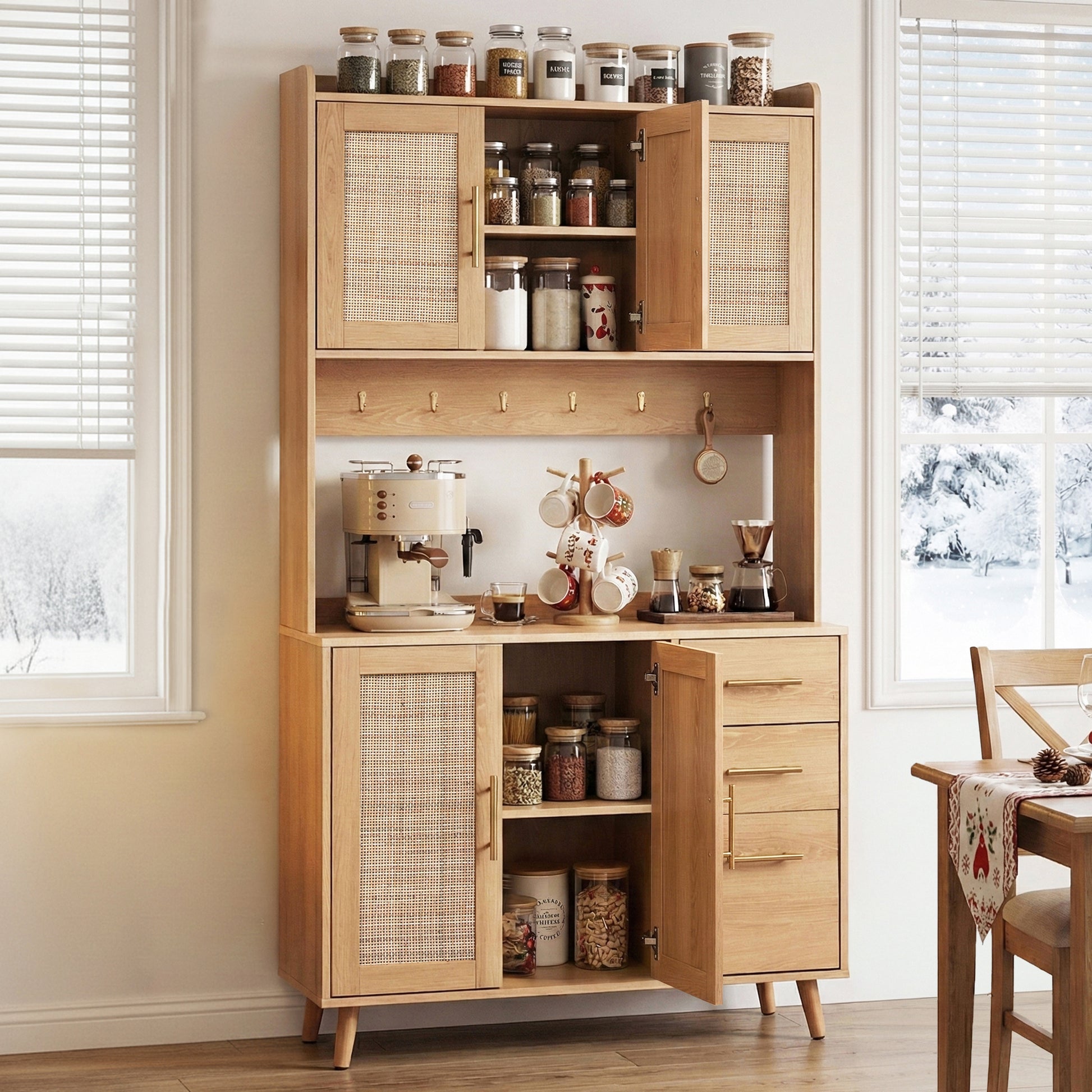 Hutch Storage Cabinet Kitchen Cupboard Hooks Rattan Buffet Sideboard