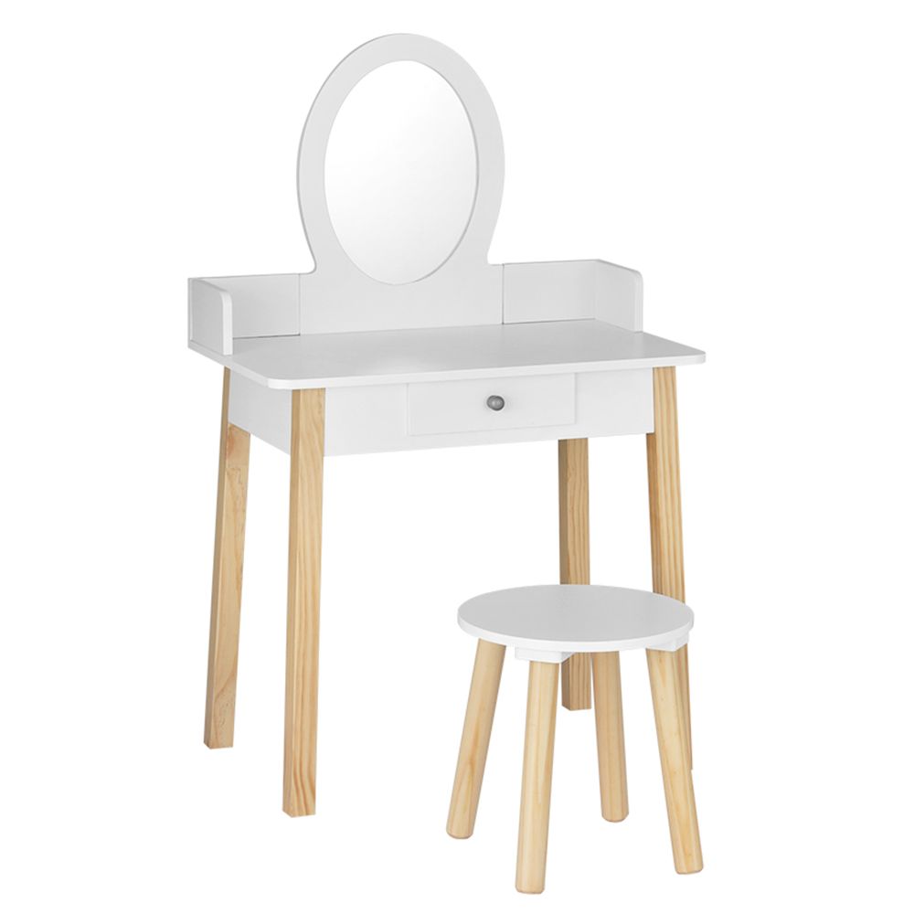 Kids Vanity Makeup Dressing Table Chair Set with Wooden Leg, Drawer, and Mirror - White