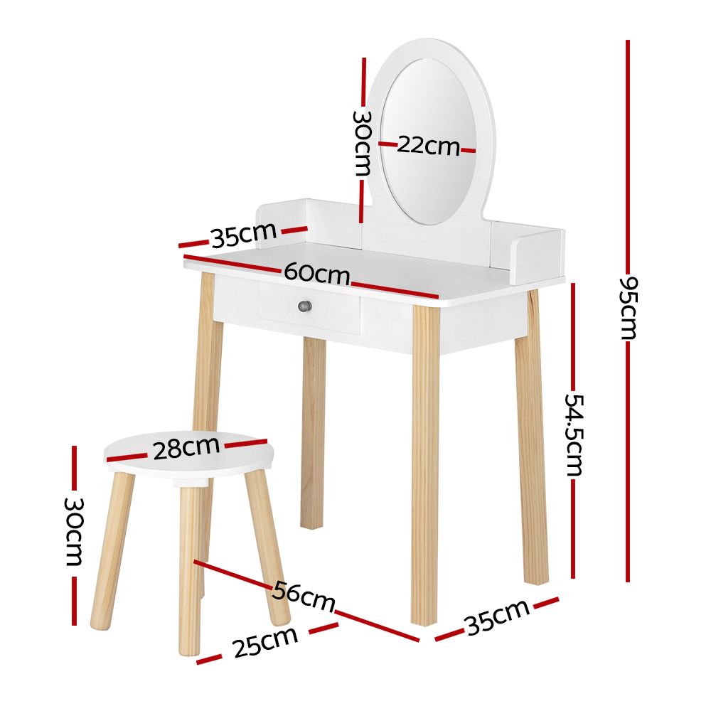 Kids Vanity Makeup Dressing Table Chair Set with Wooden Leg, Drawer, and Mirror - White