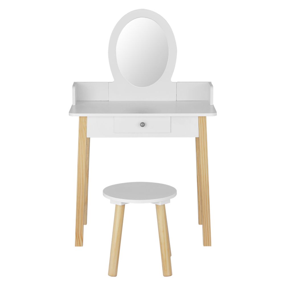 Kids Vanity Makeup Dressing Table Chair Set with Wooden Leg, Drawer, and Mirror - White