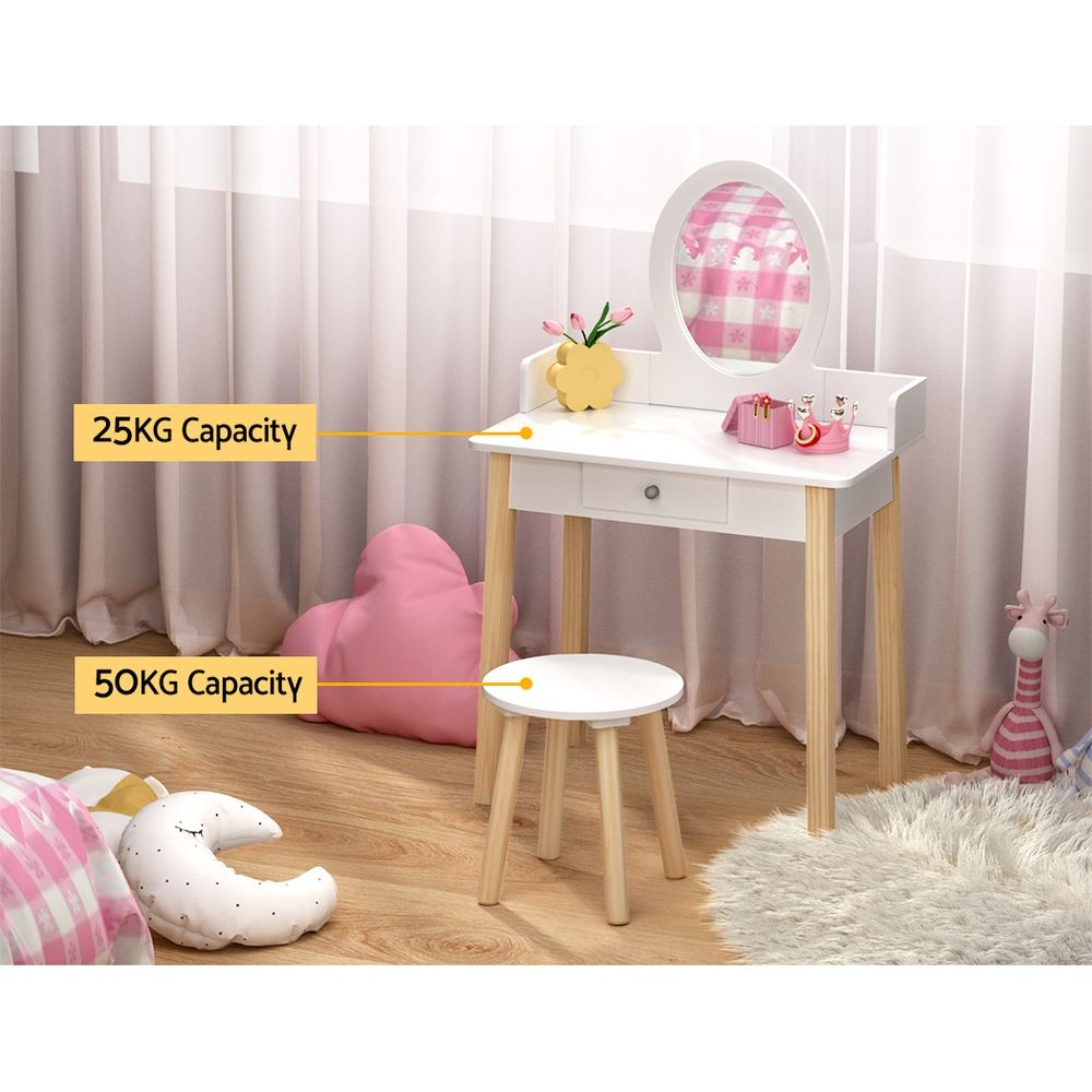 Kids Vanity Makeup Dressing Table Chair Set with Wooden Leg, Drawer, and Mirror - White