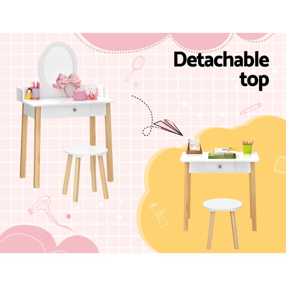 Kids Vanity Makeup Dressing Table Chair Set with Wooden Leg, Drawer, and Mirror - White
