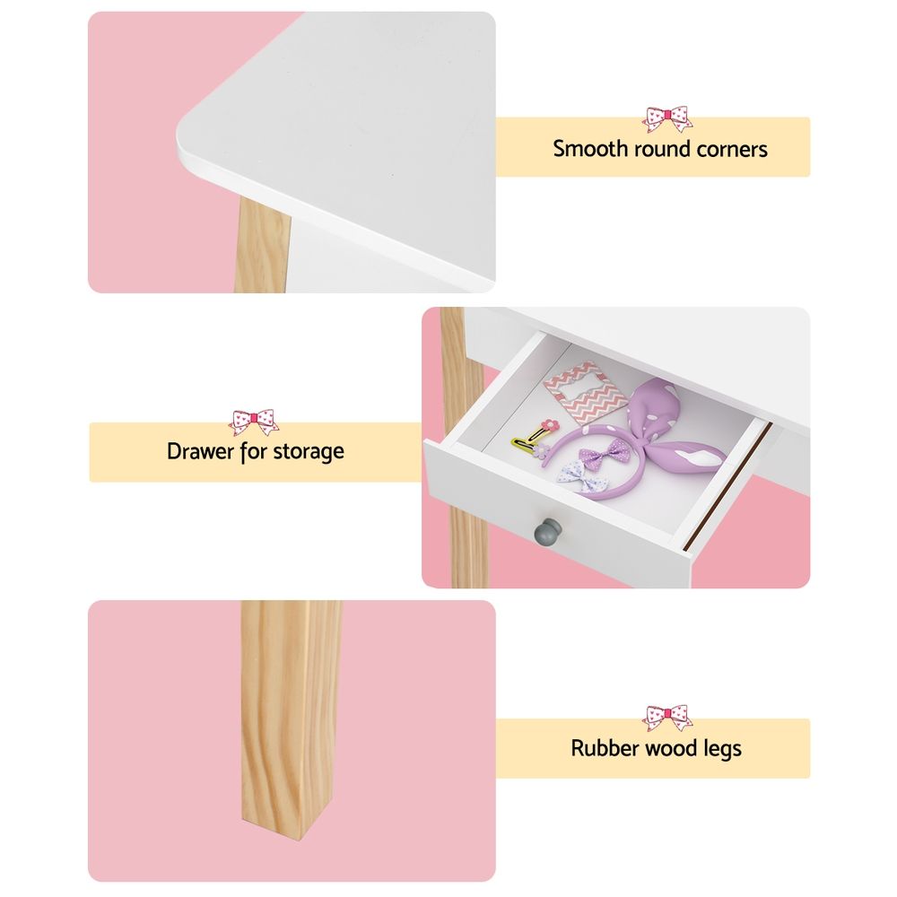 Kids Vanity Makeup Dressing Table Chair Set with Wooden Leg, Drawer, and Mirror - White