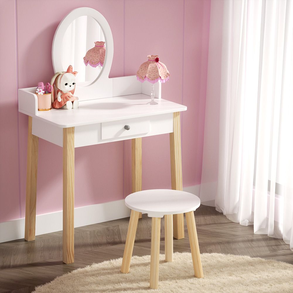 Kids Vanity Makeup Dressing Table Chair Set with Wooden Leg, Drawer, and Mirror - White