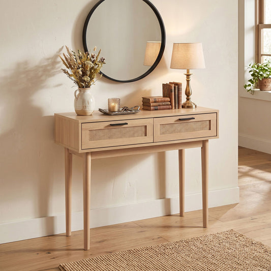 Console Table Rattan with Drawer Storage Hallway Table