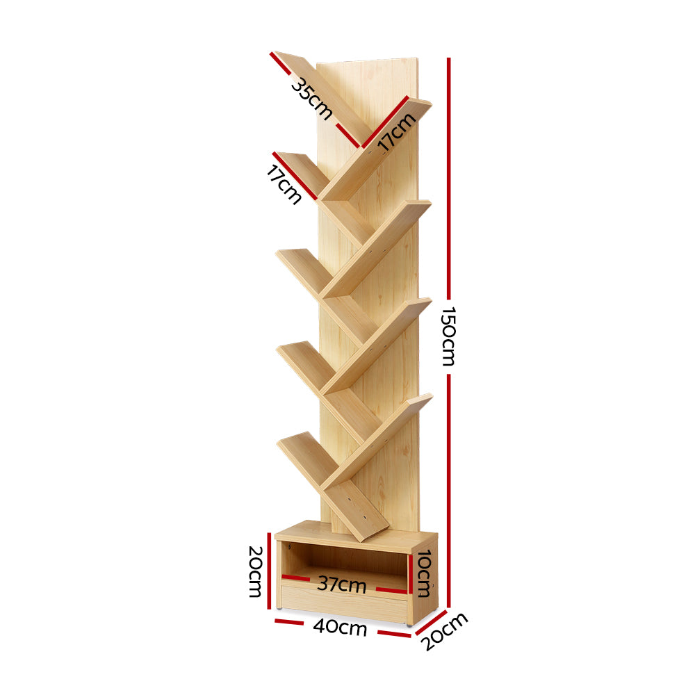 Display Shelf 9-Shelf Tree Bookshelf Book Storage Rack Bookcase Natural