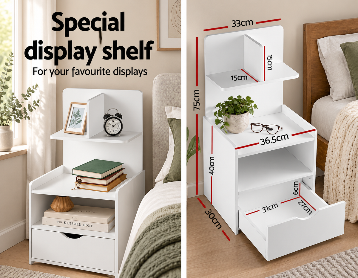 Bedside Table Cabinet Shelf Display Drawer Side Nightstand Unit Storage