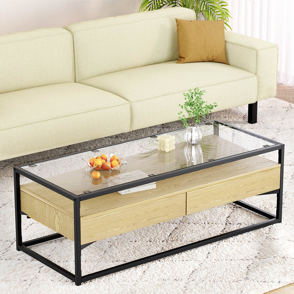 Coffee Table 2 Drawers Glass Tabletop Pine