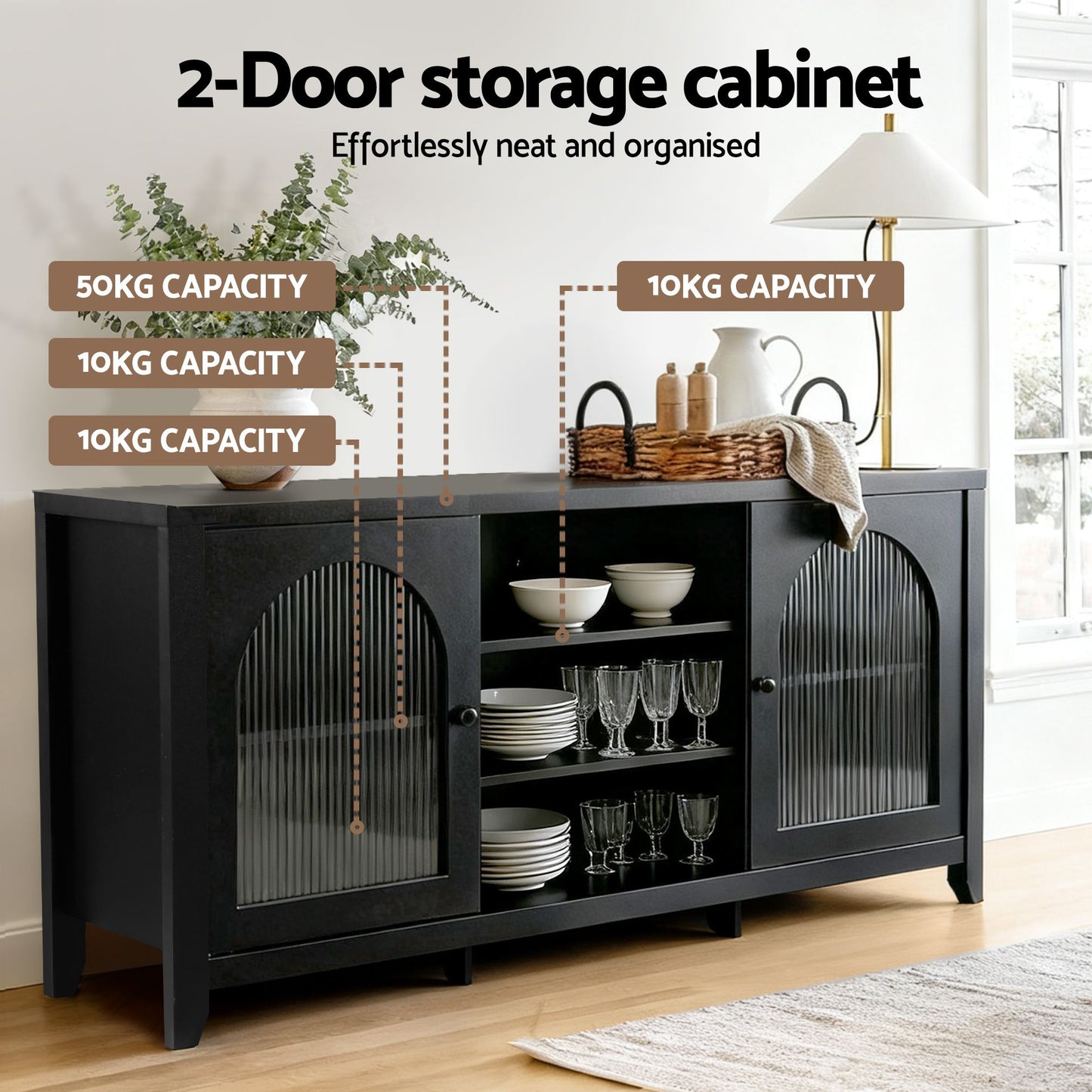 Buffet Sideboard with Shelves & Double Doors - Black