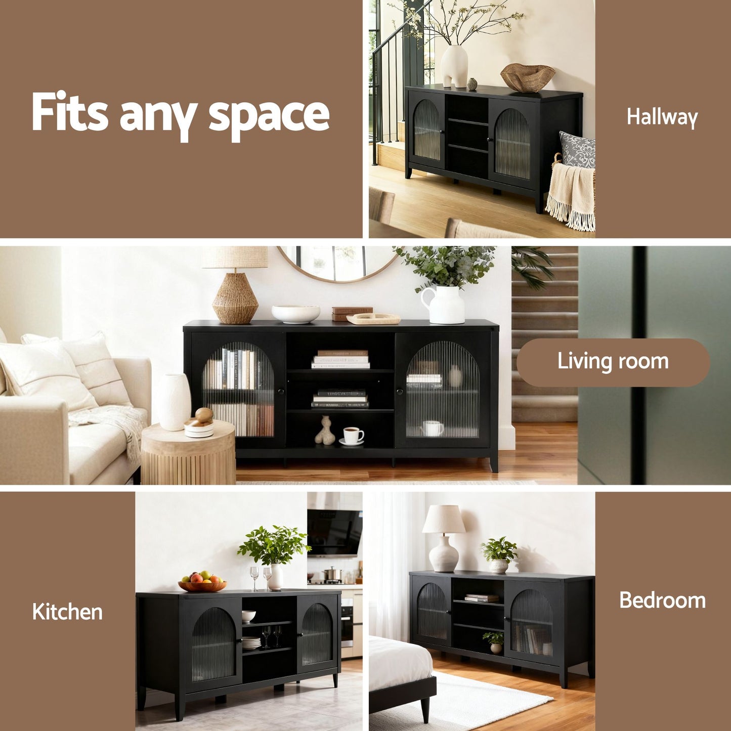 Buffet Sideboard with Shelves & Double Doors - Black