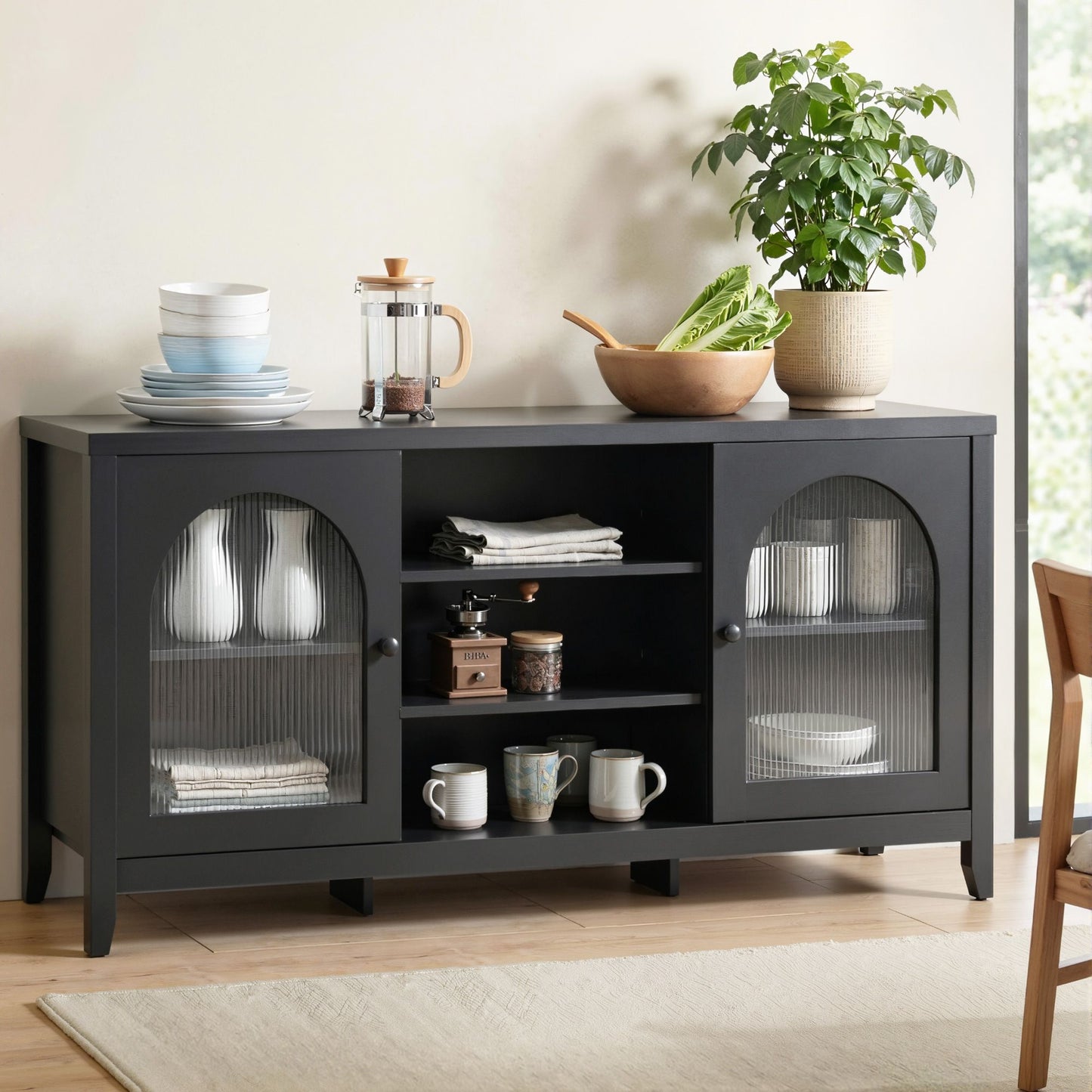 Buffet Sideboard with Shelves & Double Doors - Black