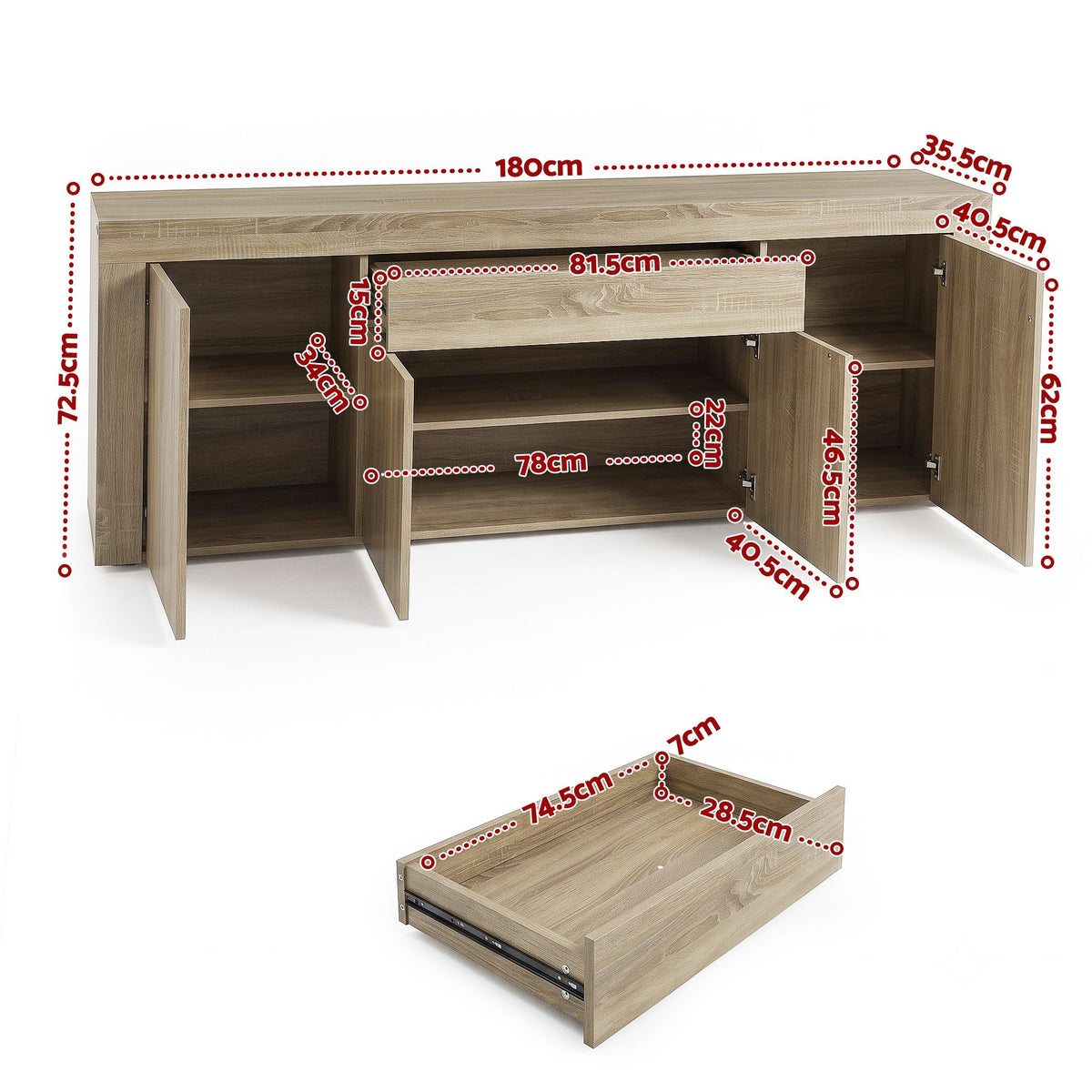 Buffet Sideboard Cabinet Storage 4 Doors Cupboard Hall Wood Hallway Table